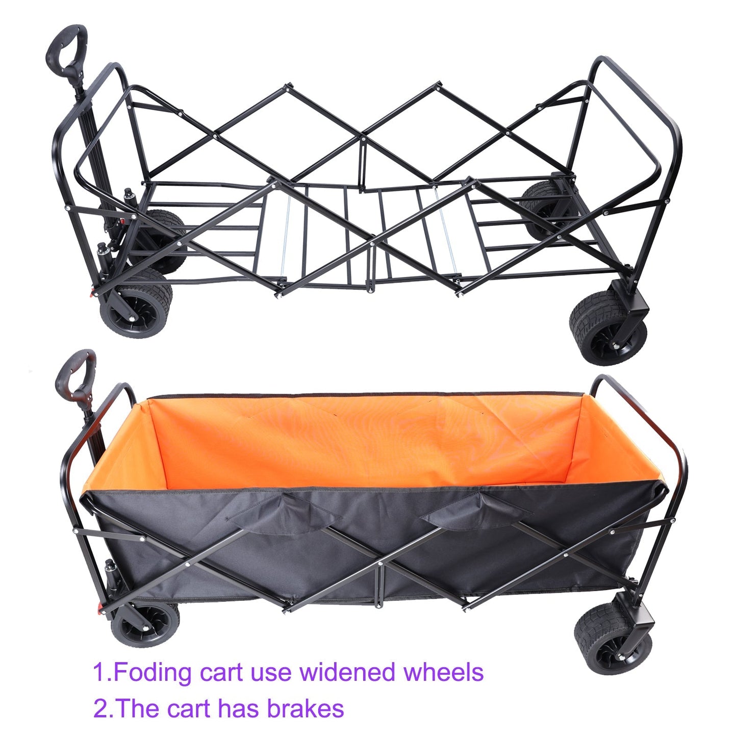 HouseOfZazla folding outdoor wagon with extender, black frame and orange cargo tub, wide wheels on Tampa Home & Garden Store