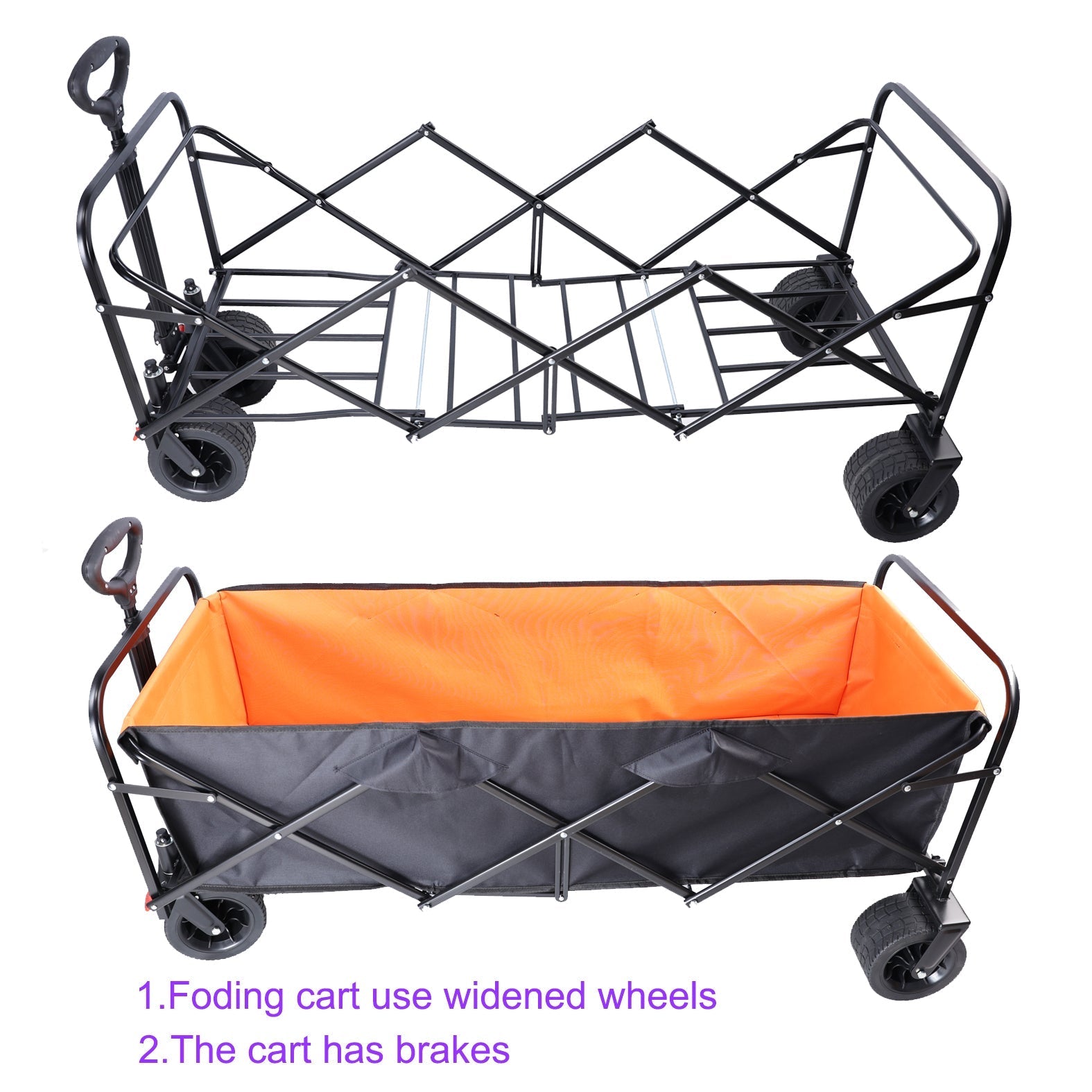 HouseOfZazla folding outdoor wagon with extender, black frame and orange cargo tub, wide wheels on Tampa Home & Garden Store