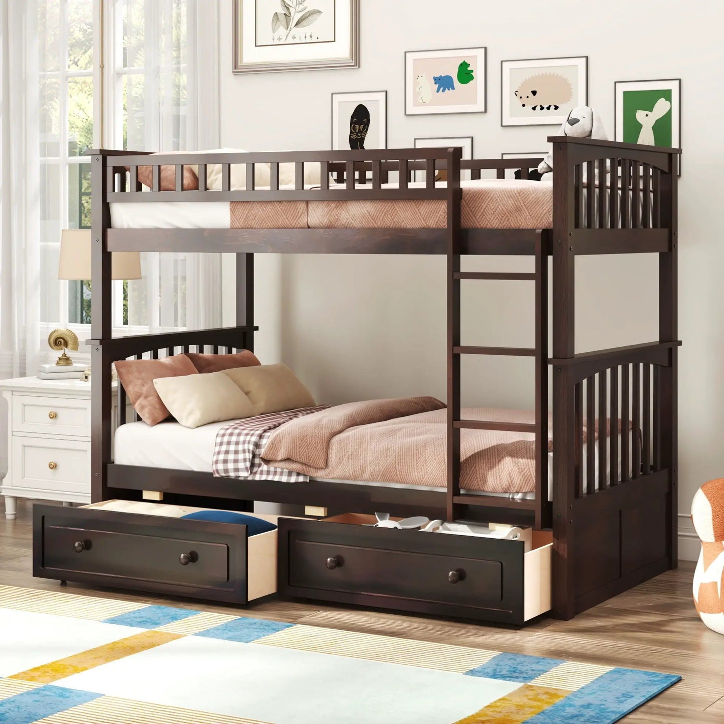 Bunk Bed With Drawers in dark espresso wood, convertible design by Unique Piece Furniture on Tampa Home & Garden Store