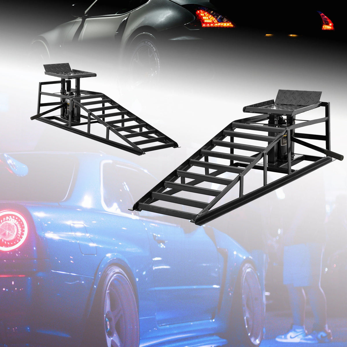 Suxidi 5-Ton hydraulic auto service ramps, two black steel ramps with diamondplate steps on Tampa Home & Garden Store