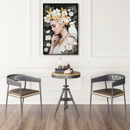 Canvas Art Beauty Lady with ivory and gold floral crown, gold butterflies, and a white parrot on Tampa Home & Garden Store