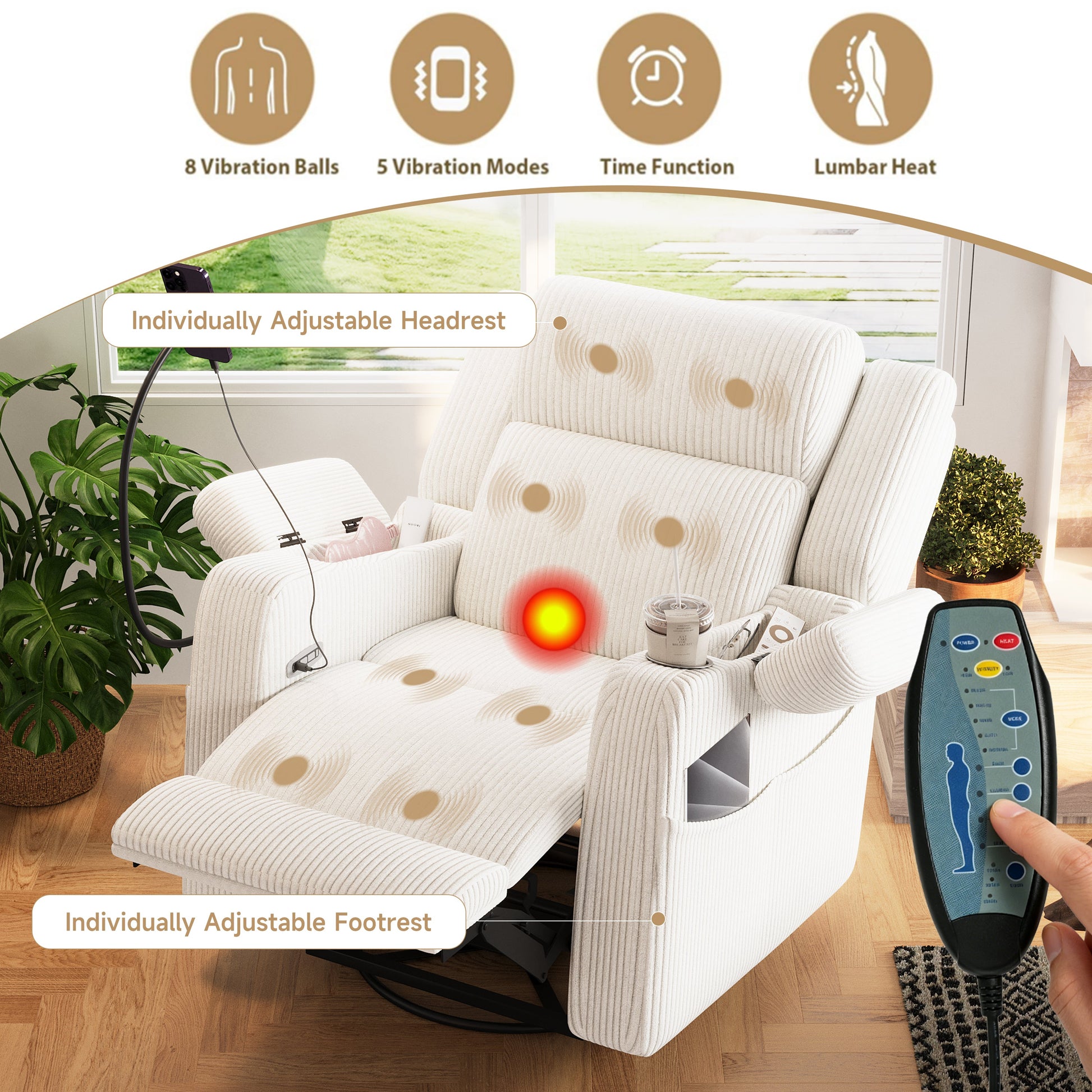 HouseOfZazla electric power recliner with heat and massage, beige upholstery, 8 vibration balls on Tampa Home & Garden Store