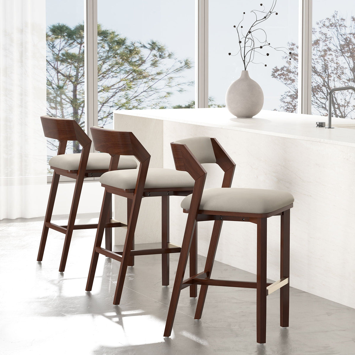 Bar height barstool with backrest, dark wood frame and light beige cushion HouseOfZazla on Tampa Home & Garden Store