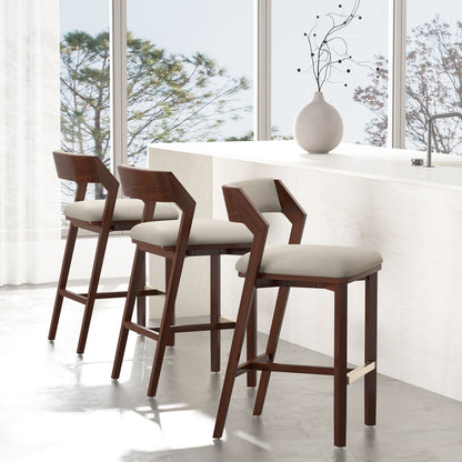 Bar height barstool with backrest, dark wood frame and light beige cushion HouseOfZazla on Tampa Home & Garden Store