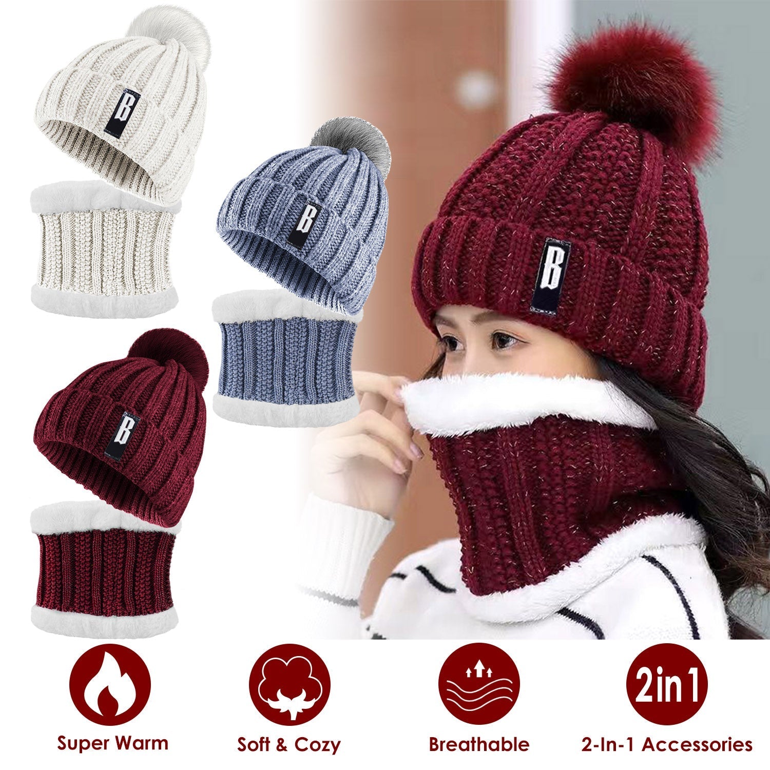 Winter beanie hat scarf set for women by GemGear multicolor knit with pom pom neck warmer on Tampa Home & Garden Store
