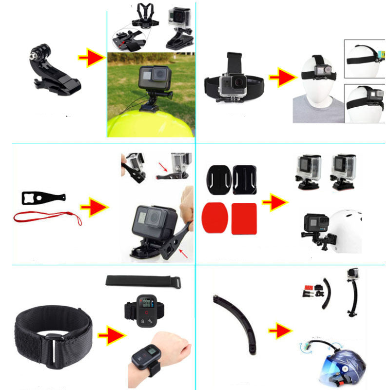 Sports camera accessories set with helmet, chest, head mounts, waterproof housing on Tampa Home & Garden Store