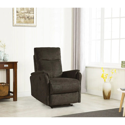 Power reclining chair in dark gray textured fabric in a bright living room with white walls on Tampa Home & Garden Store