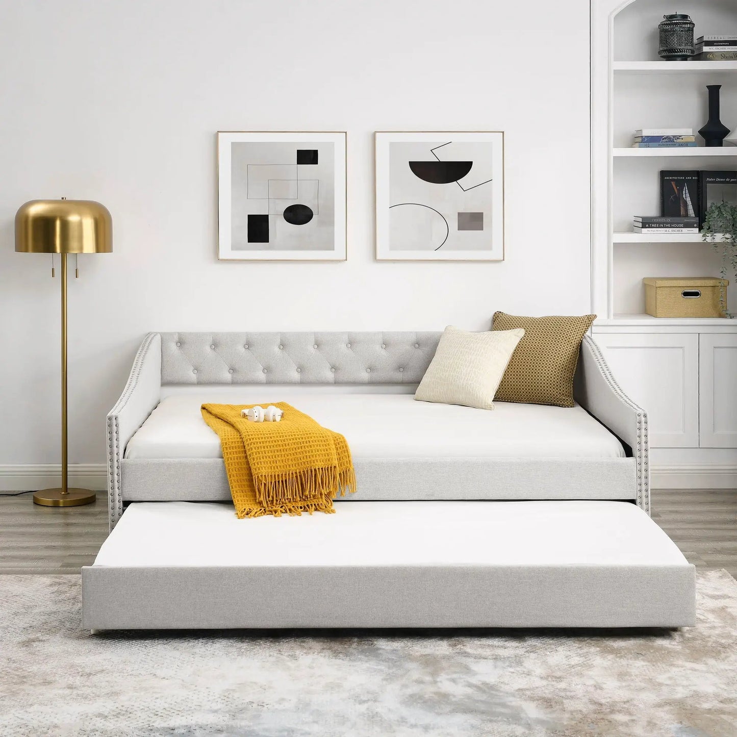 Upholstered Tufted Daybed With Drawers Waved Arms