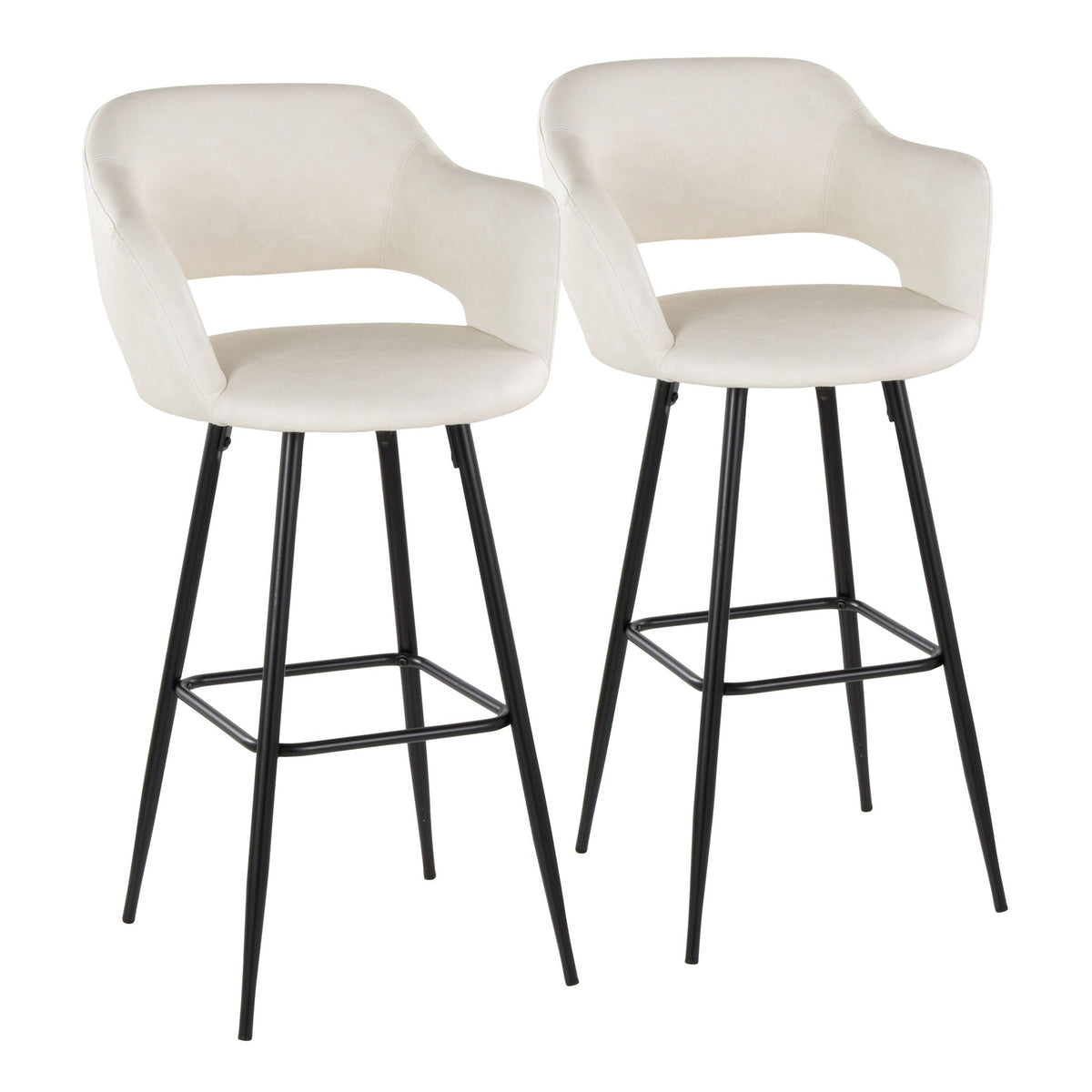 Contemporary fixed-height barstool pair in cream upholstery with black legs and square footrest on Tampa Home & Garden Store