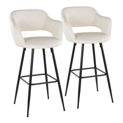 Contemporary fixed-height barstool pair in cream upholstery with black legs and square footrest on Tampa Home & Garden Store