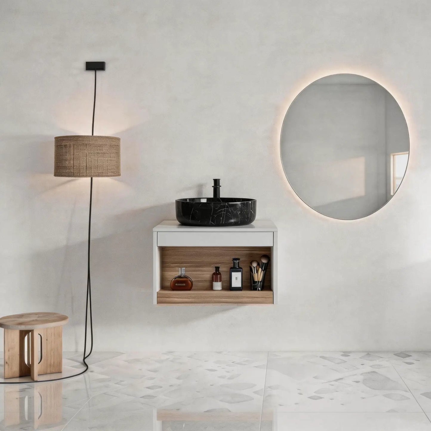 Floating Vanity with Vessel Sink and Open Shelf