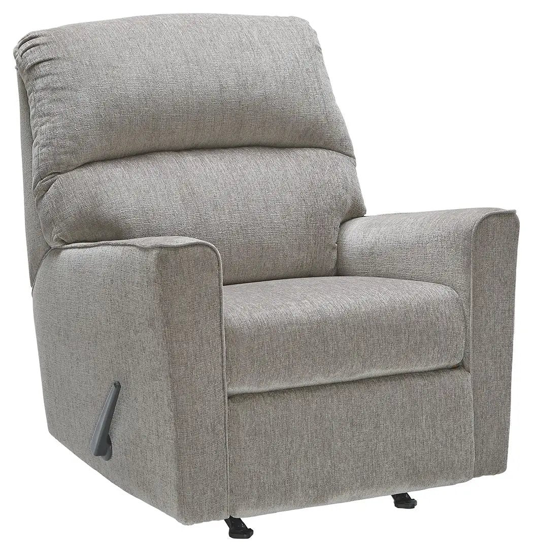 Altari rocker recliner gray fabric with plush back cushions and left-side lever recline on Tampa Home & Garden Store