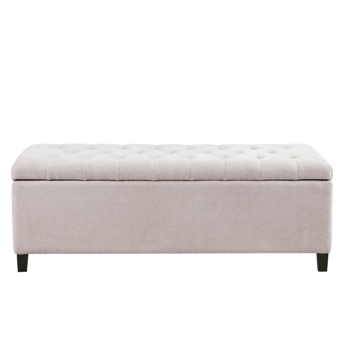 Tufted storage bench with soft-close lid in light beige fabric on Tampa Home & Garden Store