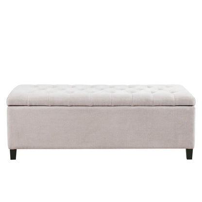 Tufted storage bench with soft-close lid in light beige fabric on Tampa Home & Garden Store