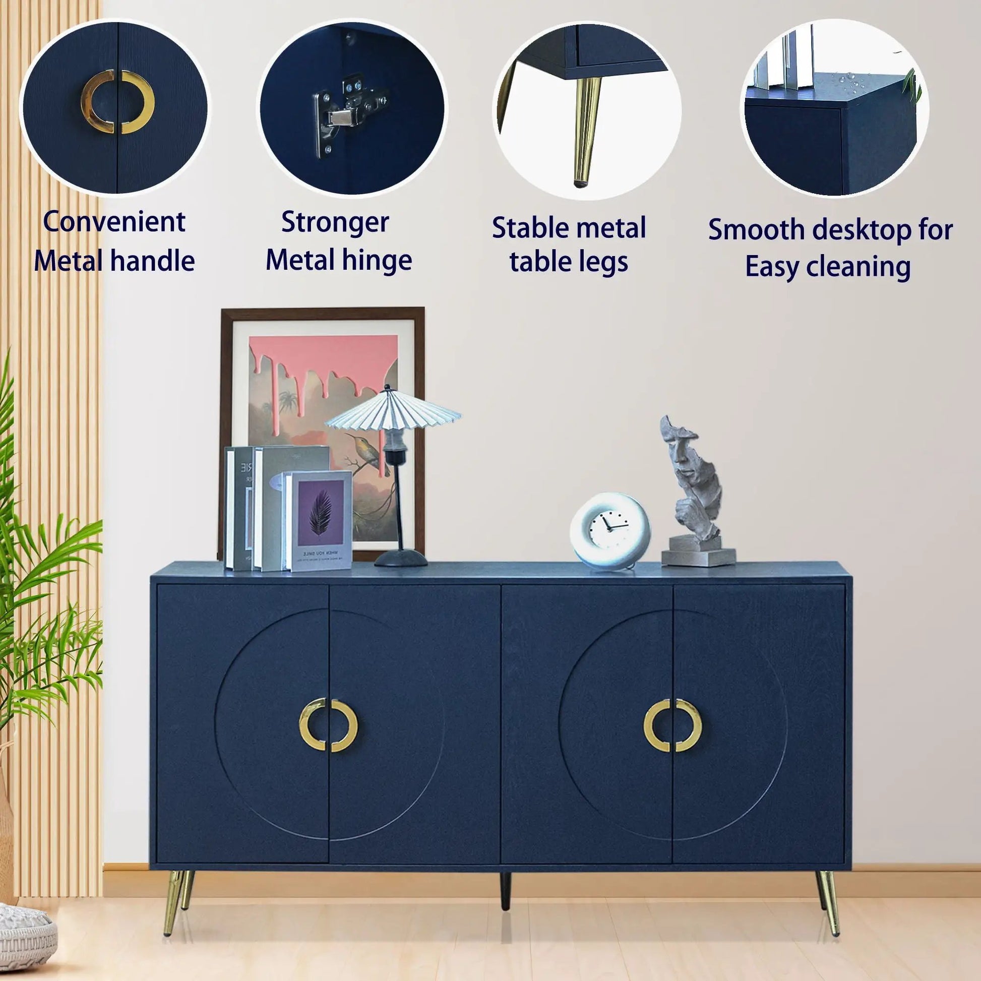 Modern lacquered 4-door navy sideboard with gold ring pulls and tapered brass legs on Tampa Home & Garden Store