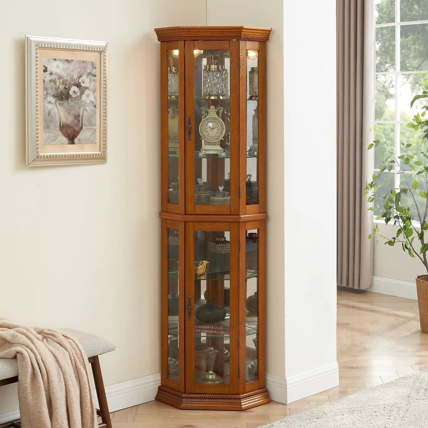 Corner Curio Cabinet with Lights by Unique Piece Furniture, tempered glass shelves on Tampa Home & Garden Store