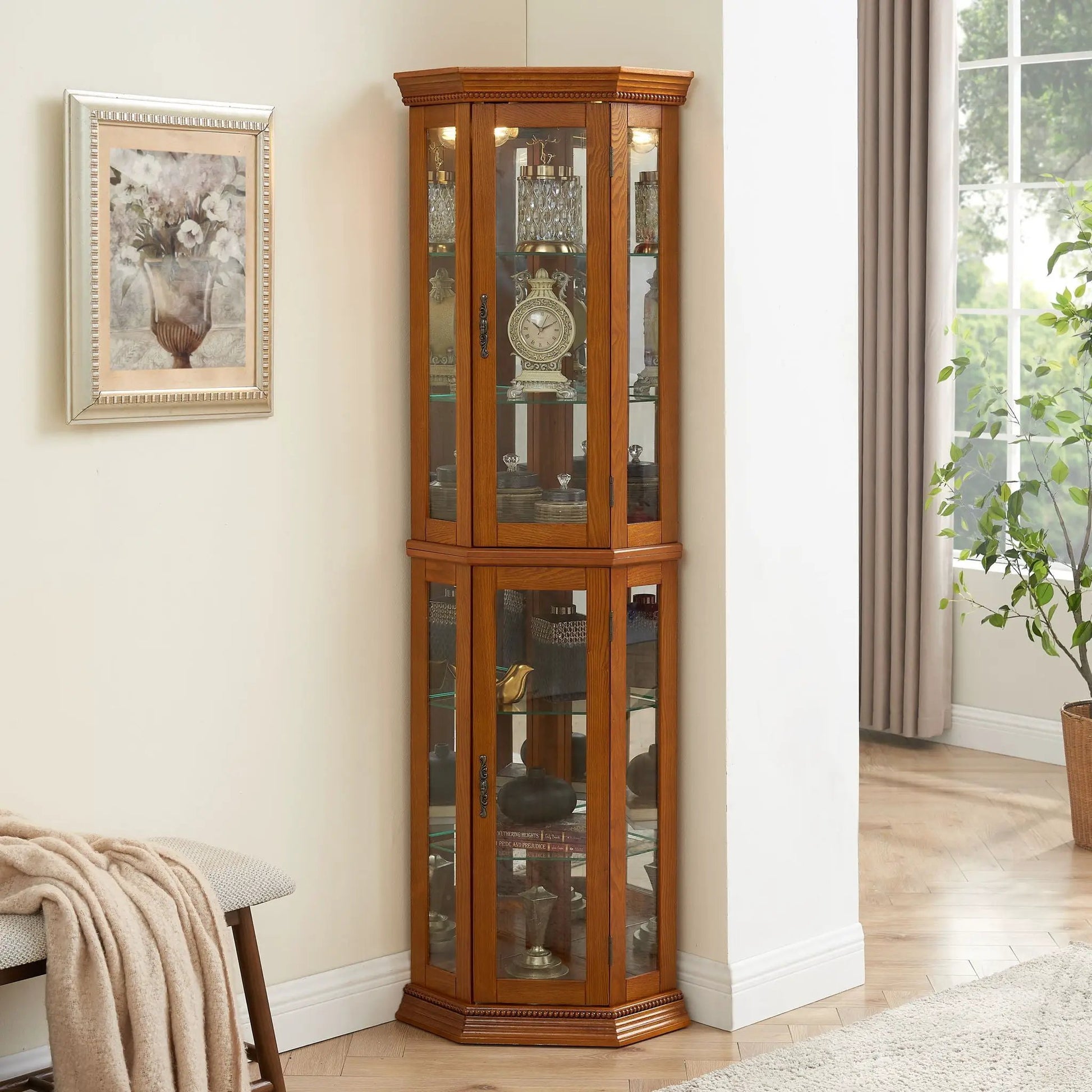 Corner Curio Cabinet with Lights by Unique Piece Furniture, tempered glass shelves on Tampa Home & Garden Store