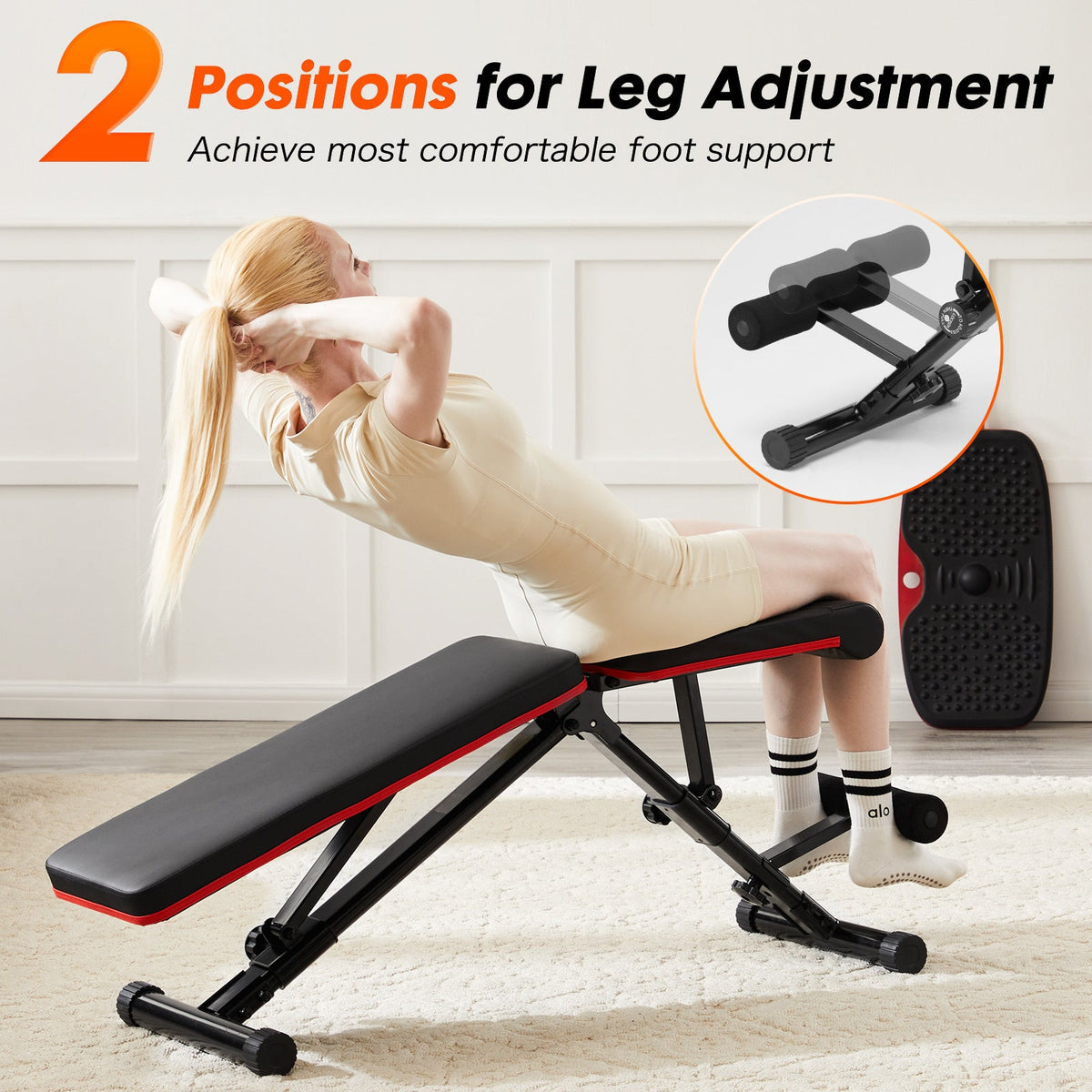 Adjustable fitness bench with black frame and red padding; user performing incline sit-up on Tampa Home & Garden Store