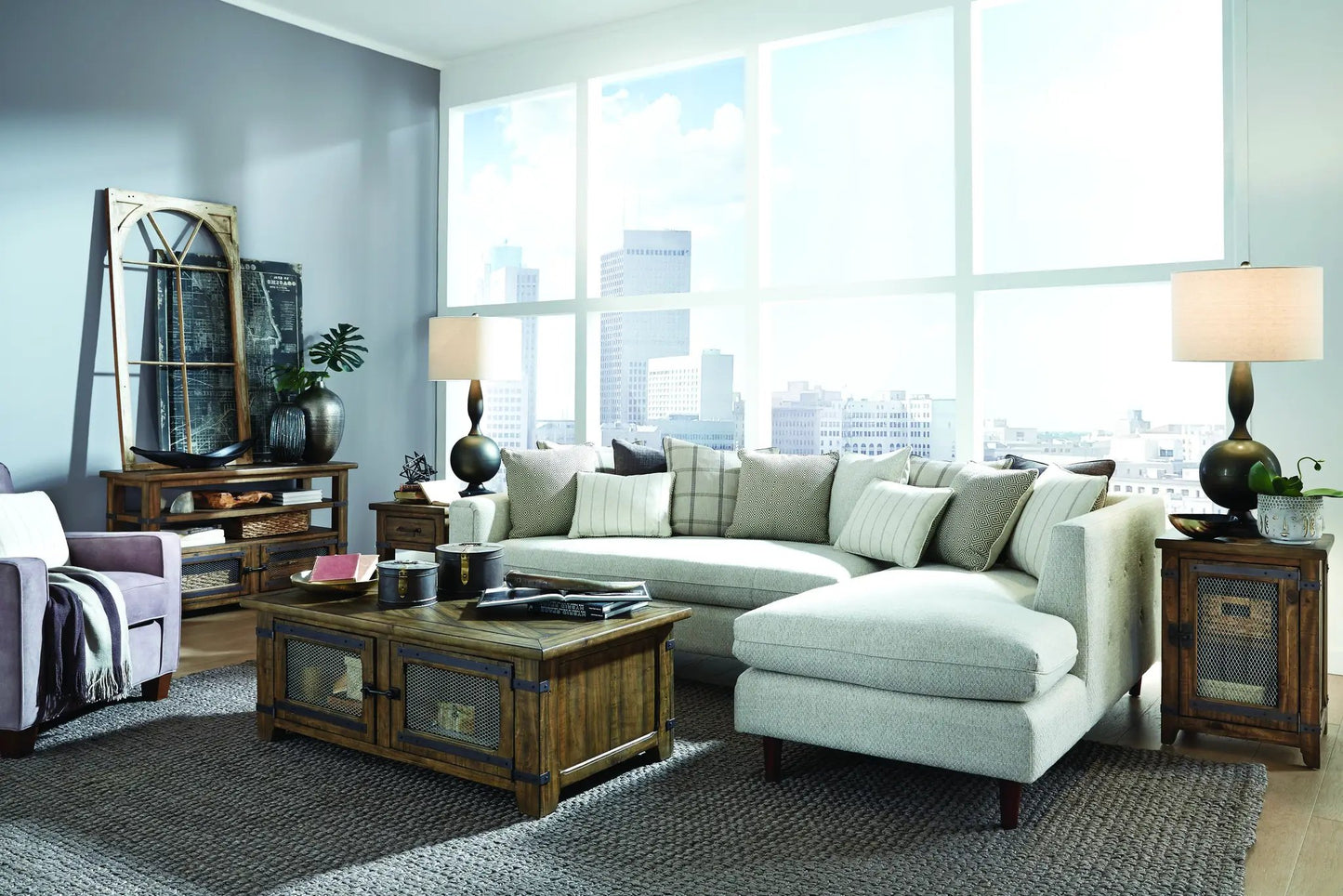 Pair of Chesterfield rectangular sofa tables in rustic farmhouse timber with metal accents on Tampa Home & Garden Store
