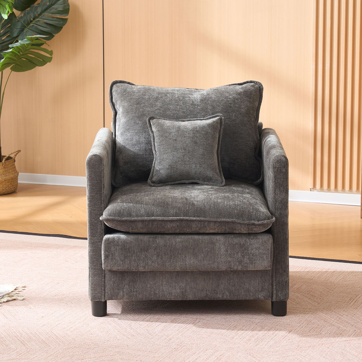 Modern Reading Armchair grey textured fabric with two cushions and arms for cozy seating on Tampa Home & Garden Store