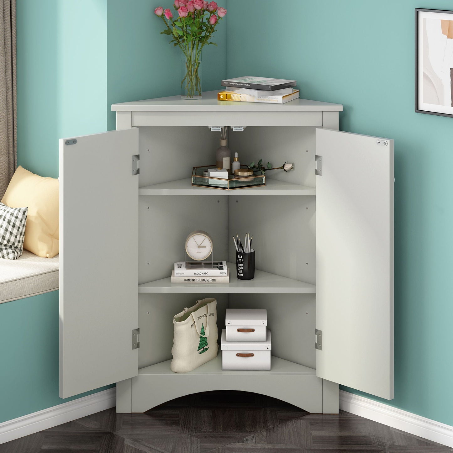 Triangle bathroom storage cabinet gray linen with adjustable shelves HouseOfZazla on Tampa Home & Garden Store