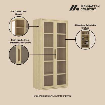 Bookcase cabinet by HouseOfZazla with glass doors light wood finish, 5 adjustable shelves on Tampa Home & Garden Store
