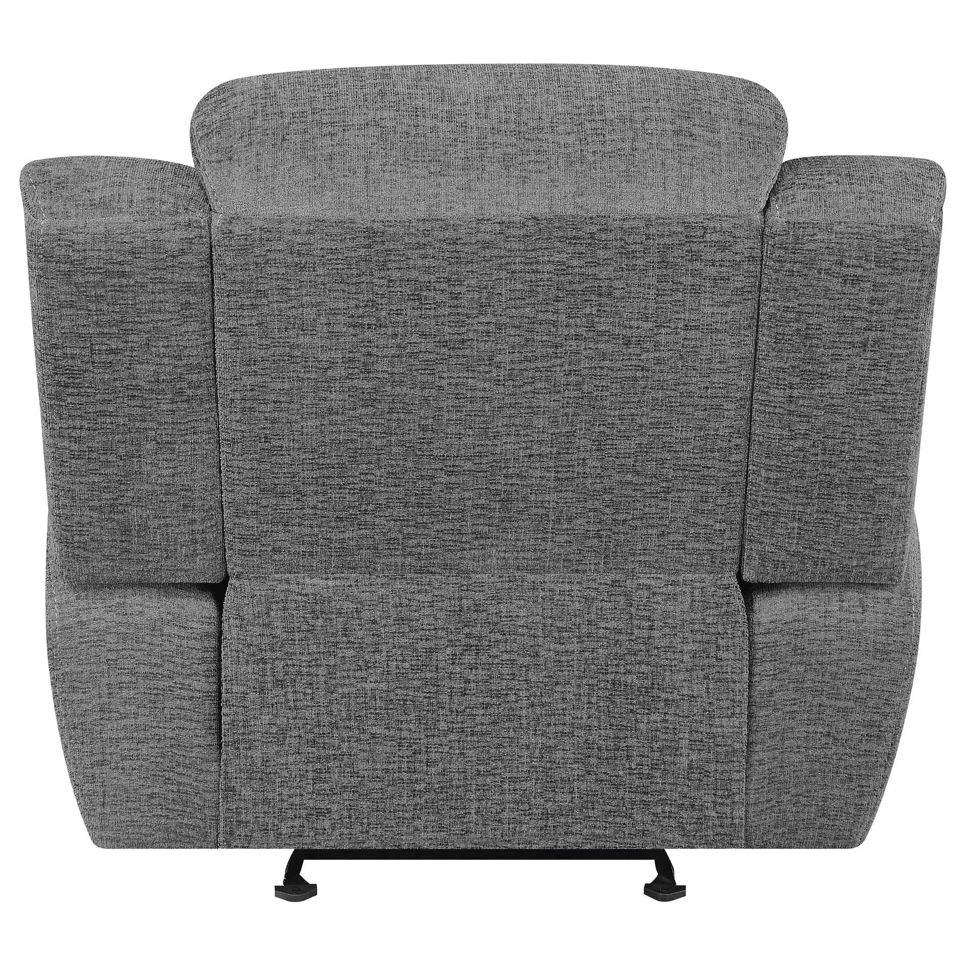 Pannen Glider Recliner by Unique Piece Furniture in gray textured fabric with cushioned arms on Tampa Home & Garden Store