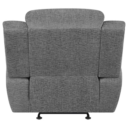 Pannen Glider Recliner by Unique Piece Furniture in gray textured fabric with cushioned arms on Tampa Home & Garden Store