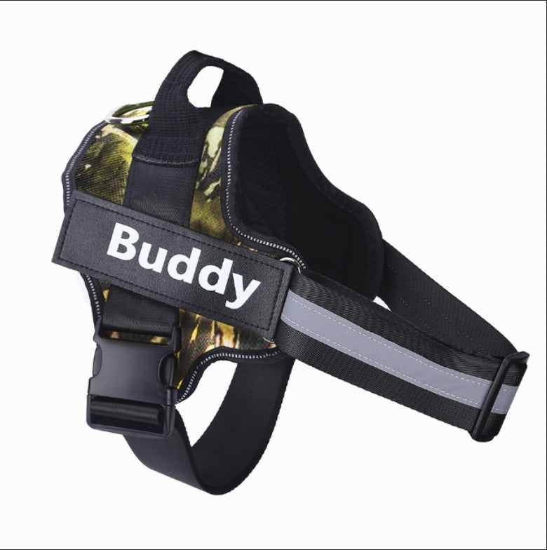 Personalized dog harness no-pull with camouflage fabric and reflective strap Buddy patch on Tampa Home & Garden Store
