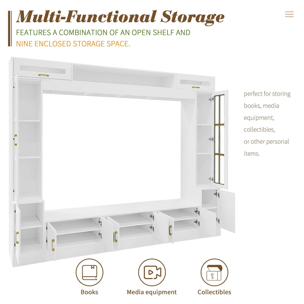 White wall unit entertainment center with glass doors by HouseOfZazla, multiple cabinets on Tampa Home & Garden Store