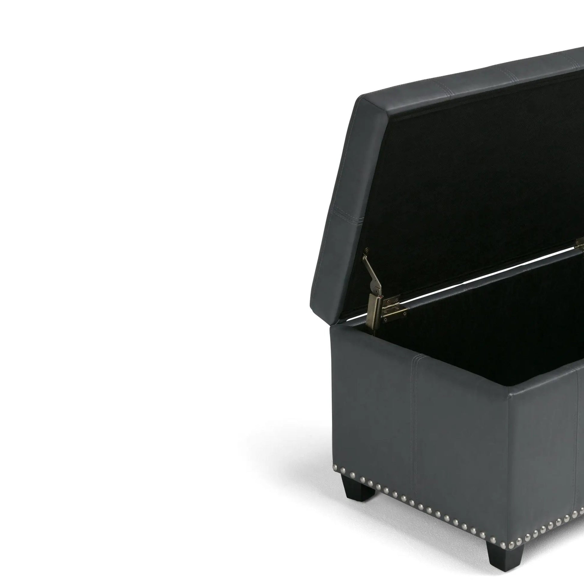 Amelia transitional storage ottoman bench with gray faux leather and nailhead trim on Tampa Home & Garden Store