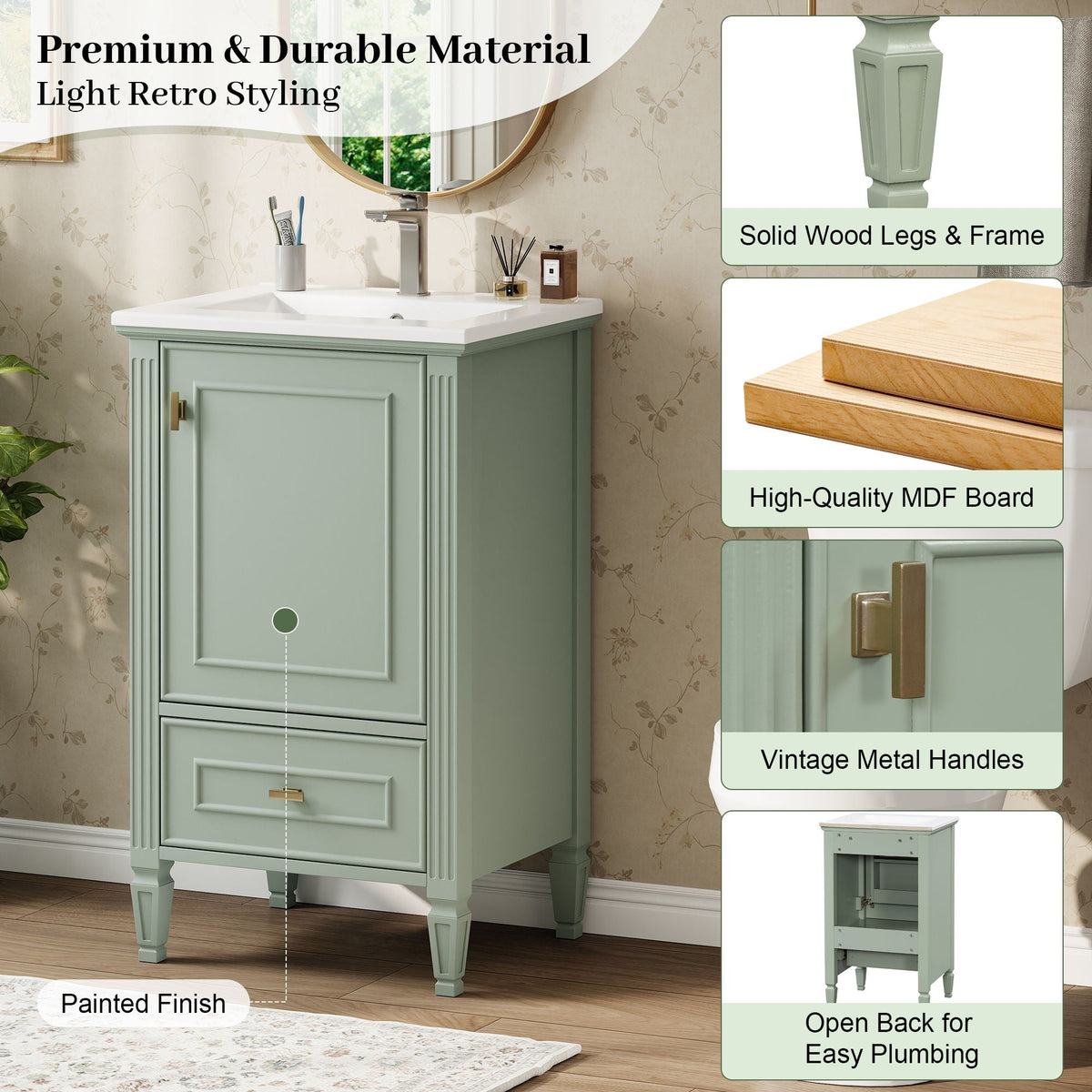 Retro bathroom vanity with sink in sage green by HouseOfZazla, solid wood legs on Tampa Home & Garden Store