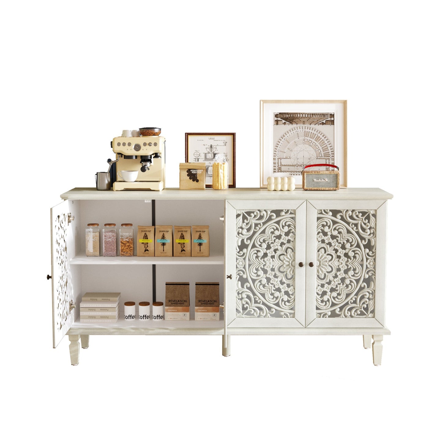 60-inch antique white buffet cabinet with floral carvings and solid wood legs on Tampa Home & Garden Store