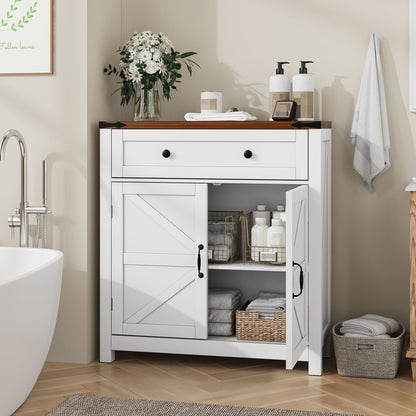 Farmhouse storage cabinet with drawer and adjustable shelf, white finish with wood top on Tampa Home & Garden Store