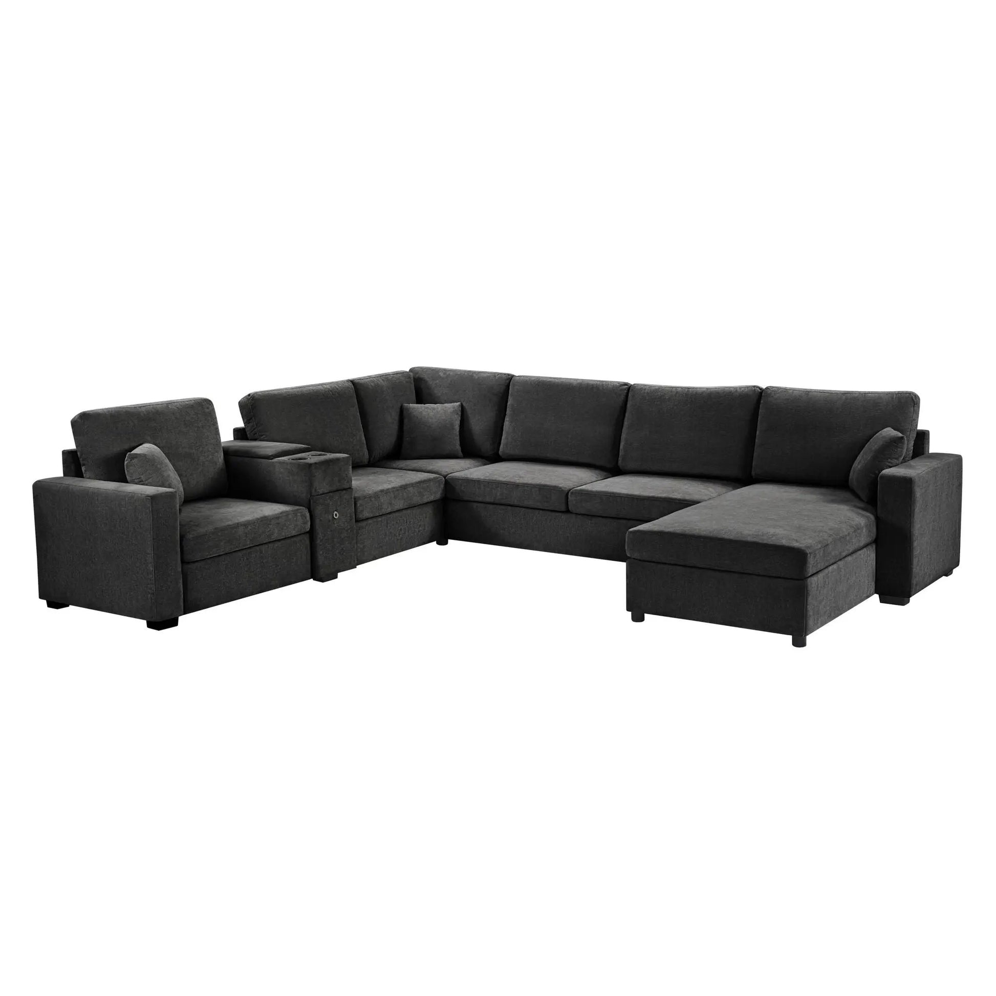Modular 5-seat U-shaped sectional sofa with chaise, dark gray fabric, cup holders and drawer on Tampa Home & Garden Store