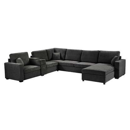 Modular 5-seat U-shaped sectional sofa with chaise, dark gray fabric, cup holders and drawer on Tampa Home & Garden Store