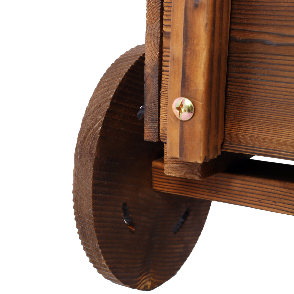Wooden wagon planter with brown finish, wheel detail, plank slats and visible screws on Tampa Home & Garden Store