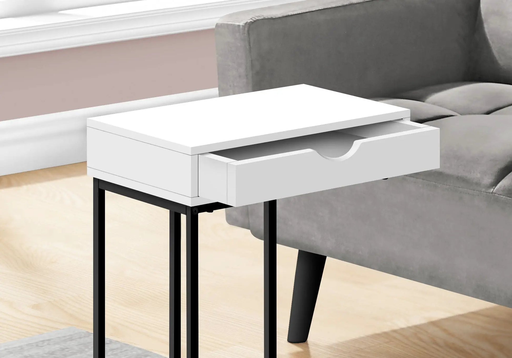 Accent Table, C-shaped white modern side table with an open drawer and black metal legs on Tampa Home & Garden Store