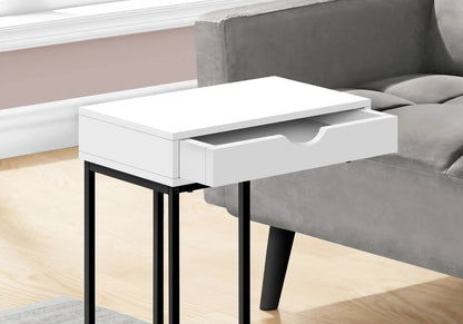 Accent Table, C-shaped white modern side table with an open drawer and black metal legs on Tampa Home & Garden Store