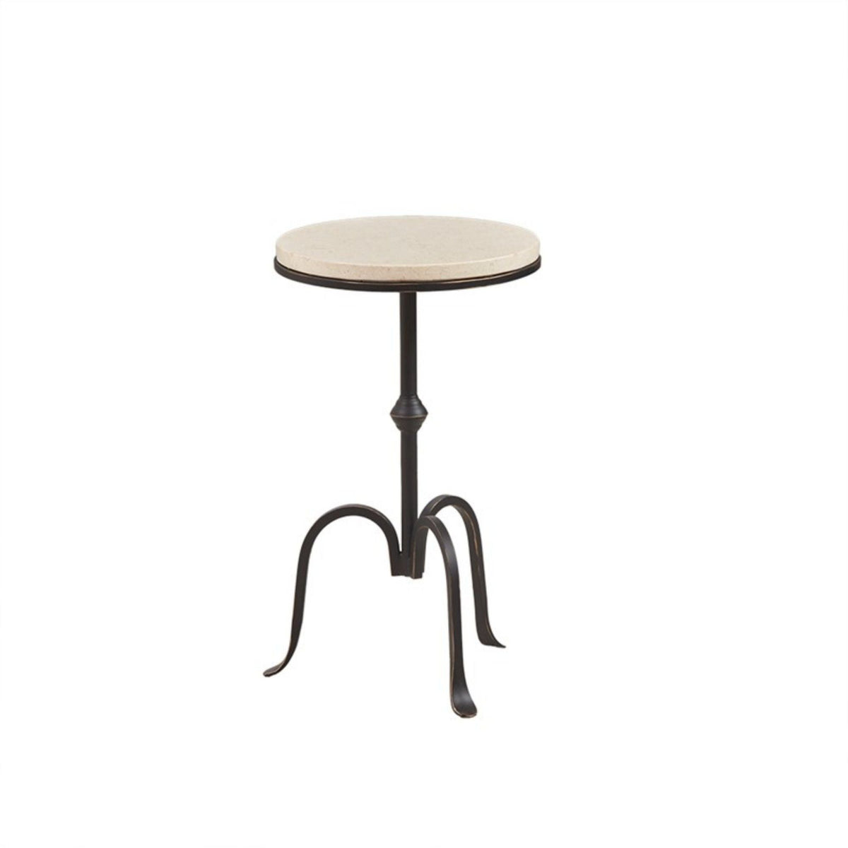 Gaberial black accent table with beige round stone top and ornate metal pedestal base on Tampa Home & Garden Store