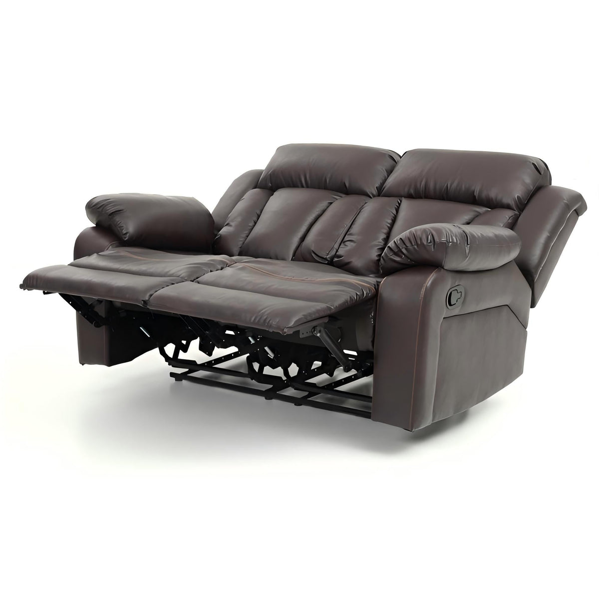 Cozy padded reclining loveseat in dark brown leather with a visible metal base on Tampa Home & Garden Store