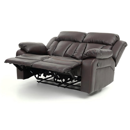 Cozy padded reclining loveseat in dark brown leather with a visible metal base on Tampa Home & Garden Store