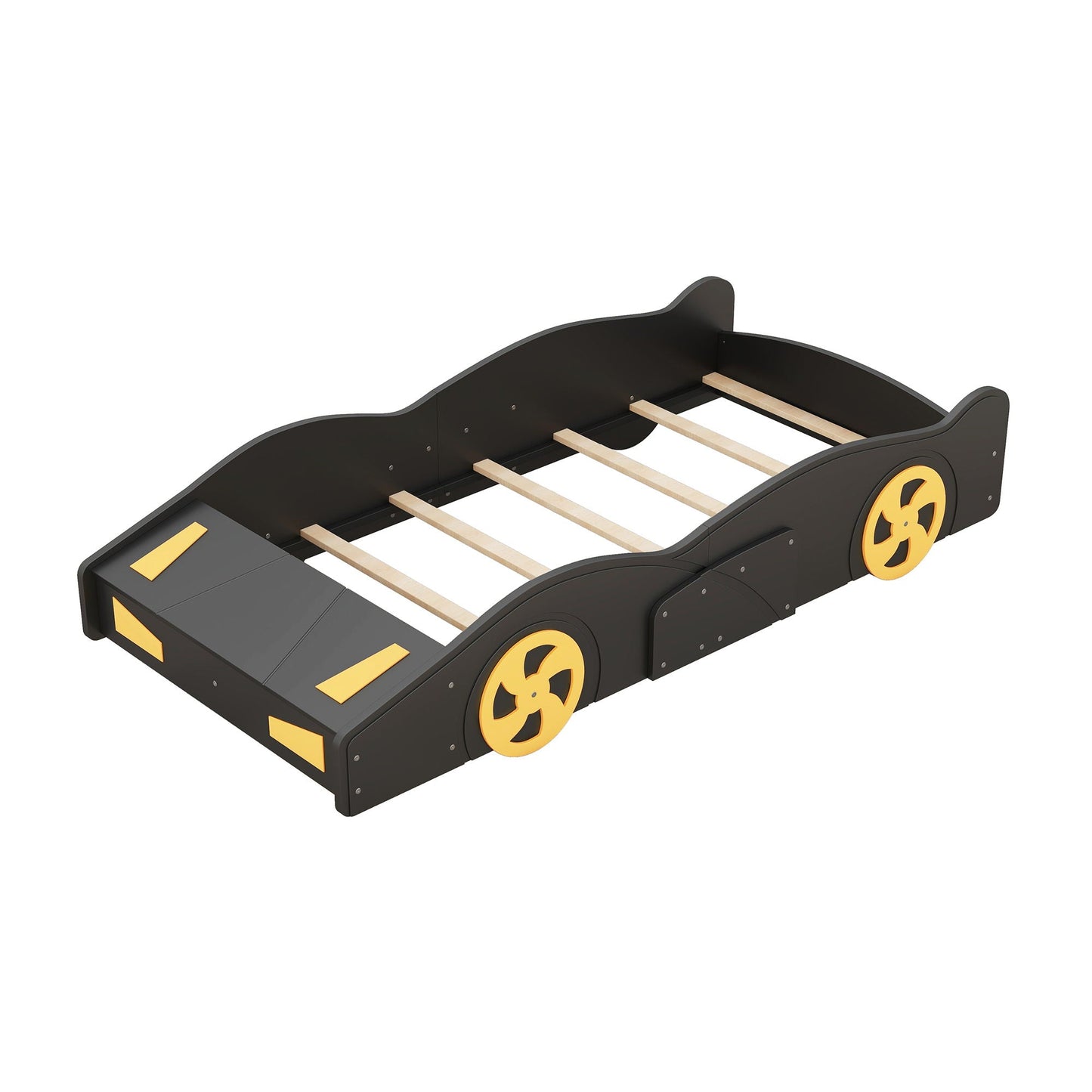 Race car shaped platform bed with wheels, black frame and yellow wheel accents, wood slats on Tampa Home & Garden Store