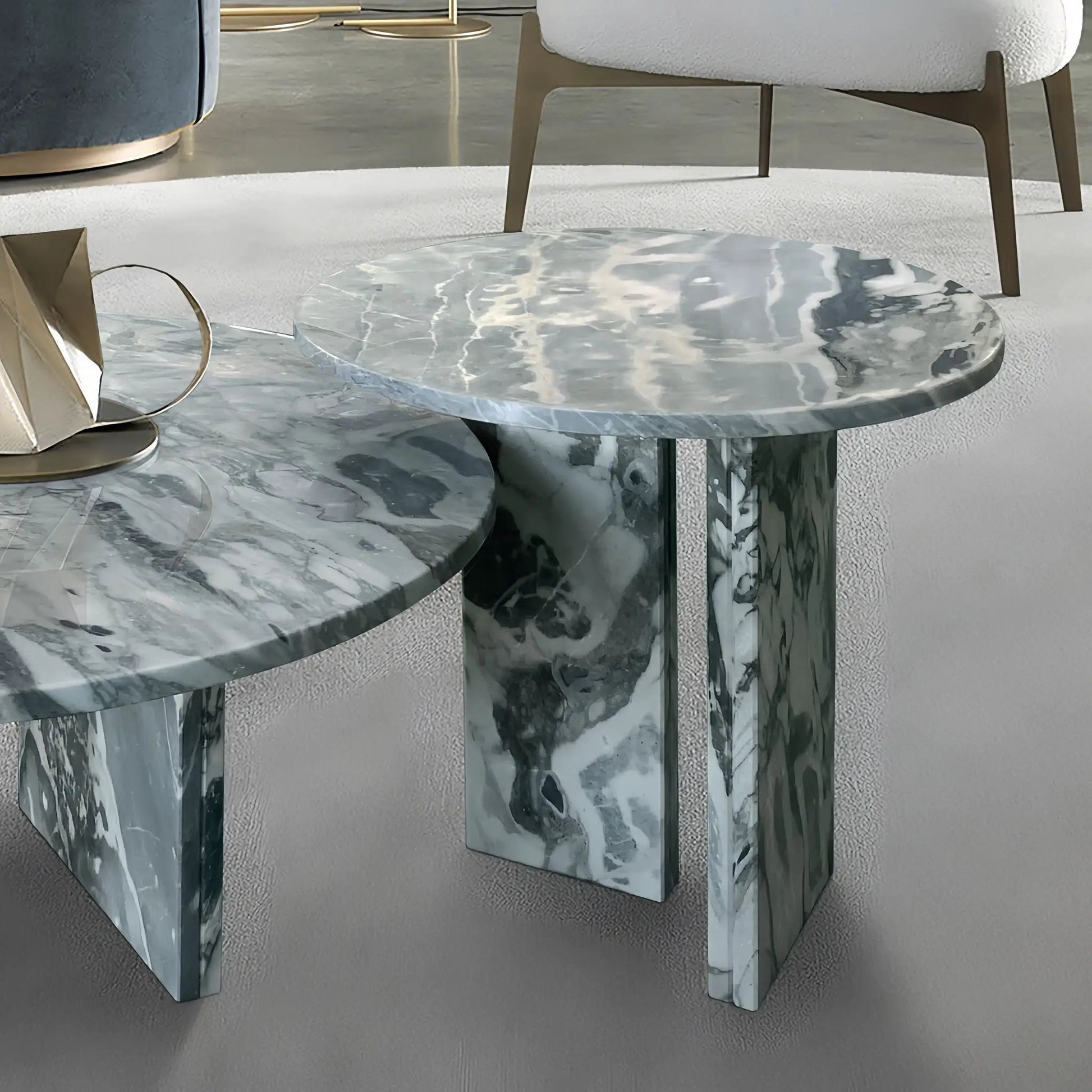 Elegant Coffee Duo Table Set by Unique Piece Furniture; two round marble tables on pedestals on Tampa Home & Garden Store