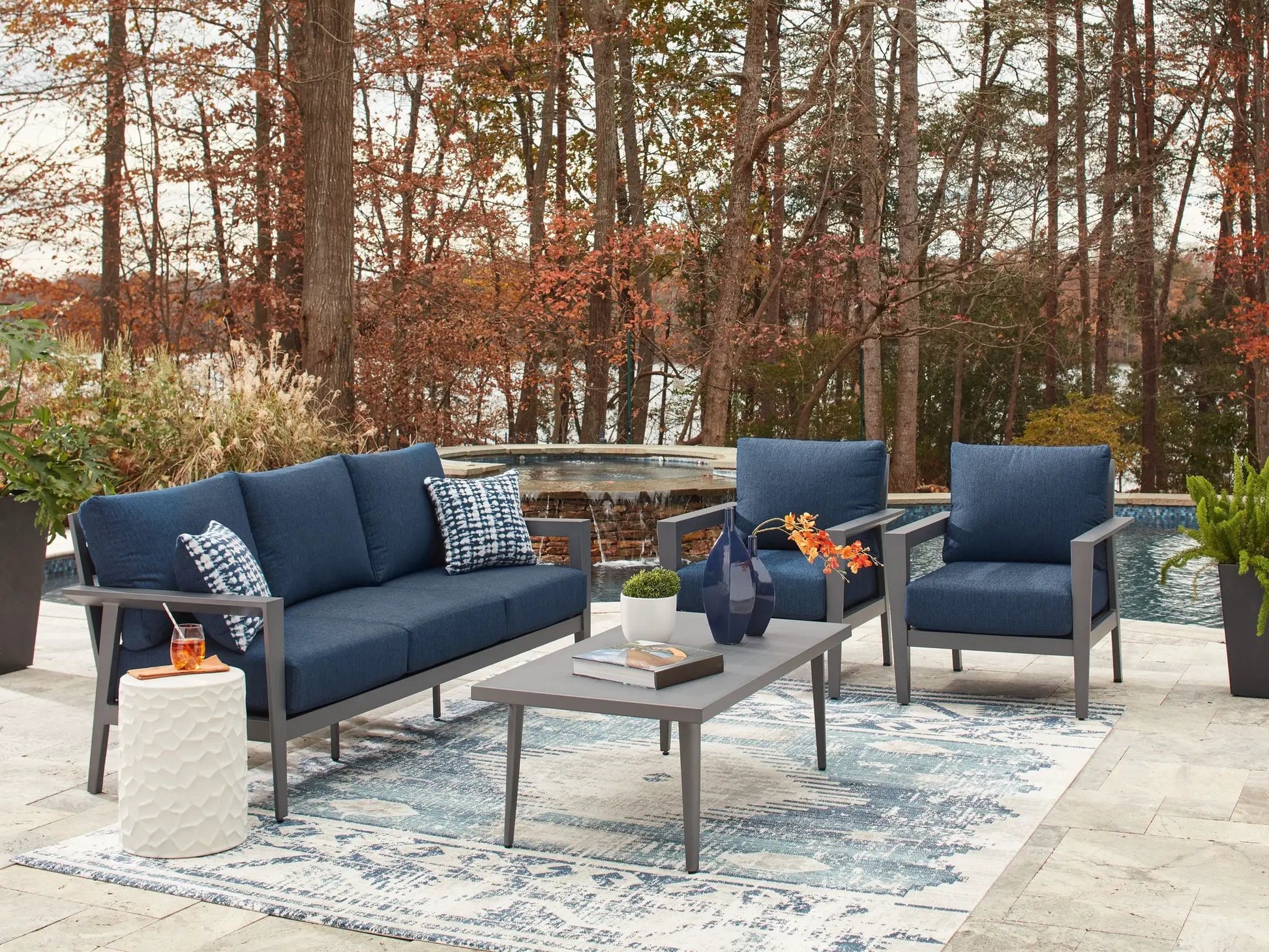 Gali 4-piece outdoor sofa set with gray frames and blue cushions by Unique Piece Furniture on Tampa Home & Garden Store