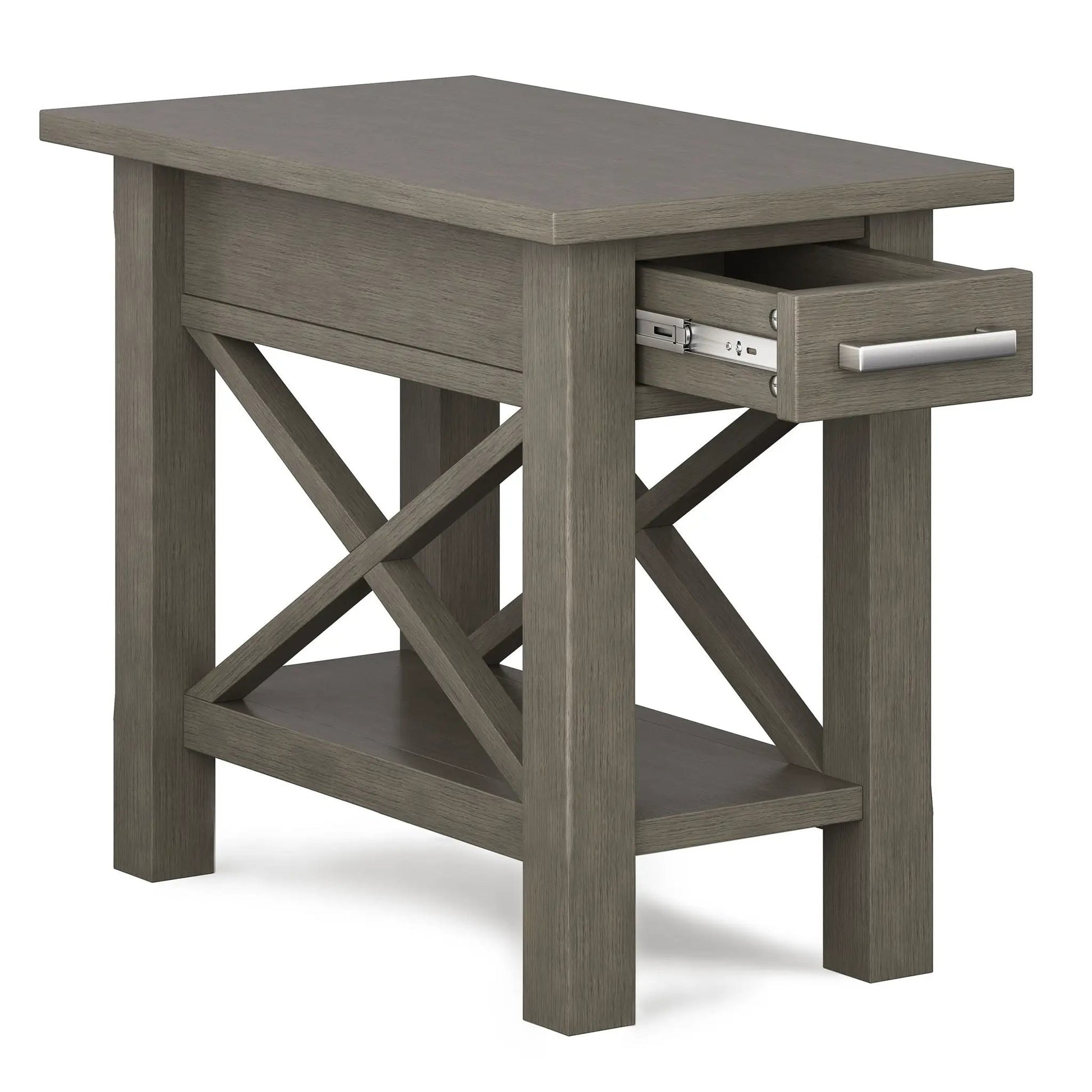 Kitchener Handcrafted Console Table in gray wood finish with a metal drawer glide on Tampa Home & Garden Store