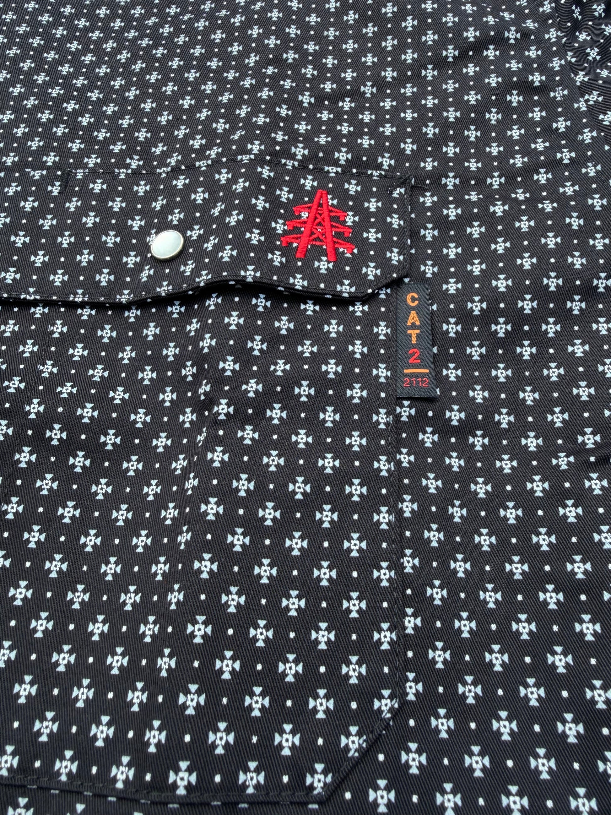 Static FR Pearl Snap Work Shirt Reaper Black with white microprint pattern, chest pocket with silver snap and red embroidery, CAT 2 tag visible on Tampa Home & Garden Store