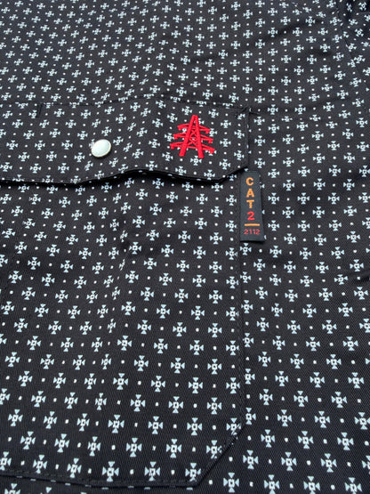 Static FR Pearl Snap Work Shirt Reaper Black with white microprint pattern, chest pocket with silver snap and red embroidery, CAT 2 tag visible on Tampa Home & Garden Store
