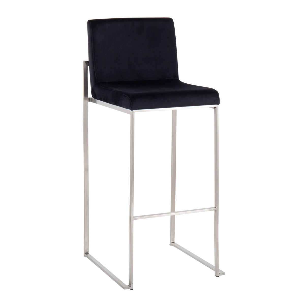 Contemporary high-back bar stool with black upholstered seat and silver metal frame on Tampa Home & Garden Store