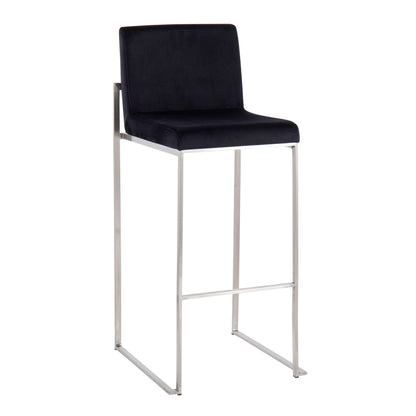 Contemporary high-back bar stool with black upholstered seat and silver metal frame on Tampa Home & Garden Store